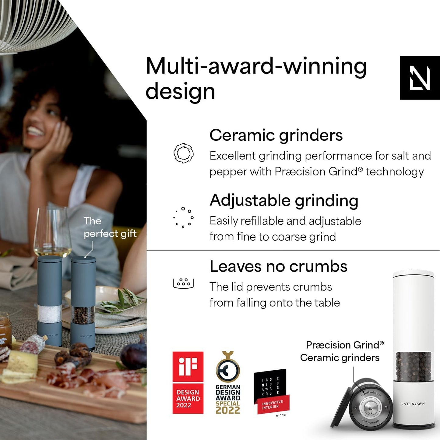 LARS NYSØM Salt and Pepper Grinder Set Manual, Stainless Steel Salt and Pepper Mills with Adjustable Ceramic Grinder I Design Spice Shakers (Black/White)