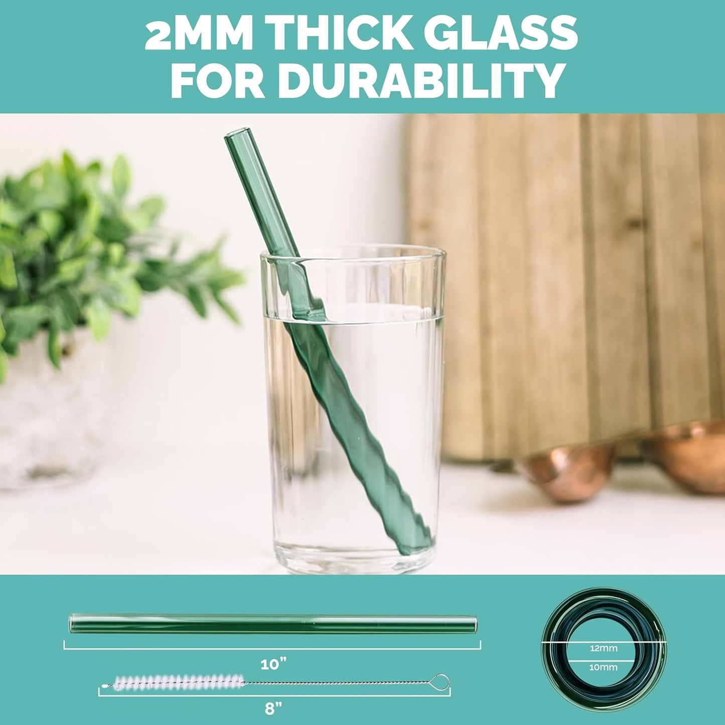 Simply Straws 8 Inch Wide Glass Straws (6-Pack) - 12mm Reusable Boba Straws for Milkshakes & Smoothies, with Cleaning Brush - Dishwasher Safe, Hot & Cold Use, BPA-Free (Fjord Mist)