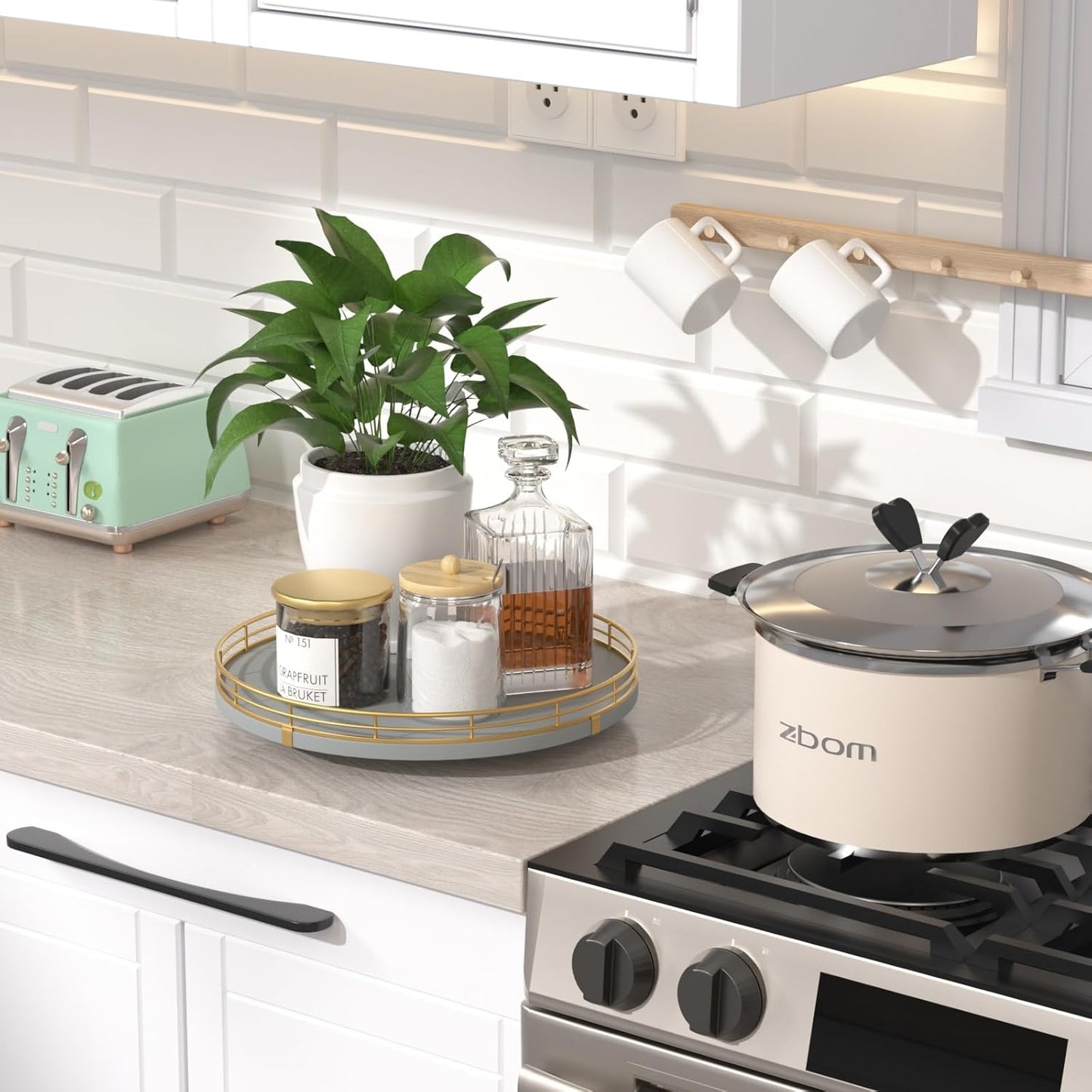 10" Wooden Lazy Susan Turntable for Cabinet – Rotating Spice Rack Organizer, Small Gray Kitchen Countertop Round Tray for Dining Table & Pantry Storage