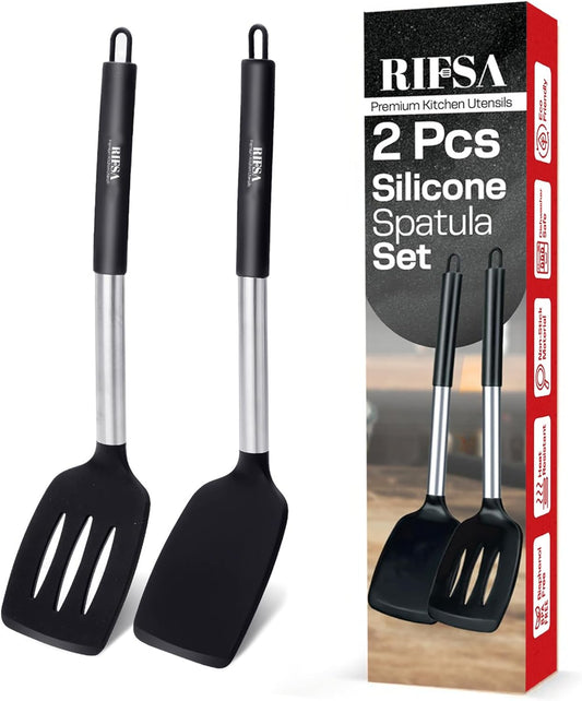 Silicone Spatula Set - Pack of 2 Non Stick Slotted Kitchen Spatulas, Heat Resistant Silicone Turner for Frying, Baking, BPA-Free, Slotted Spatula for Nonstick Cookware