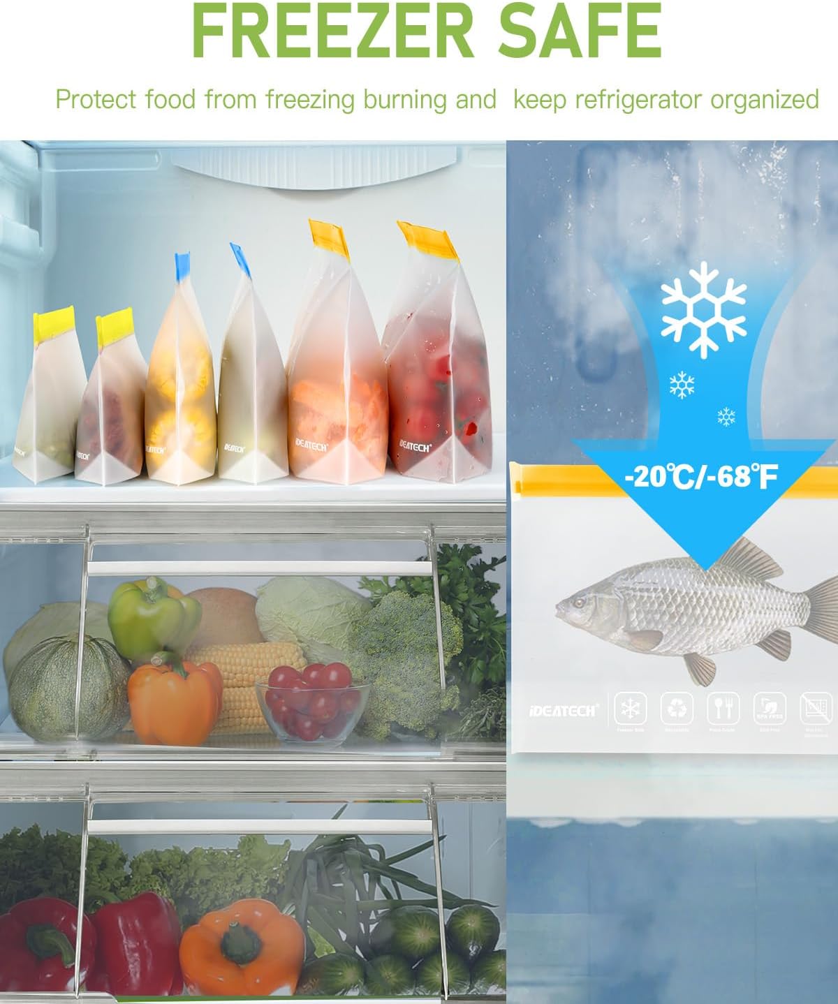 IDEATECH 12Pack Food Storage Bags Dishwasher Safe, BPA Free Reusable Snack Bags, Leakproof Reusable Gallon Freezer Bags for Lunch,Travel(2Gallon 4Quart 4Snack, Colored)