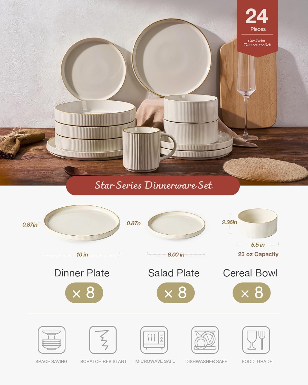 Famiware Star Dinnerware Set, Plates and Bowls Sets for 8 (24pcs), Ribbed Stoneware Dishes - Chip & Scratch Resistant, Microwave & Dishwasher Safe Tableware, Vanilla White