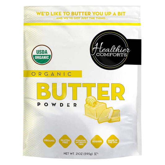 Healthier Comforts Organic Butter Powder | USDA Certified Organic Dehydrated Unsalted Butter | Kosher, Gluten Free, Non-GMO | Popcorn, Baking, Seasoning 21oz