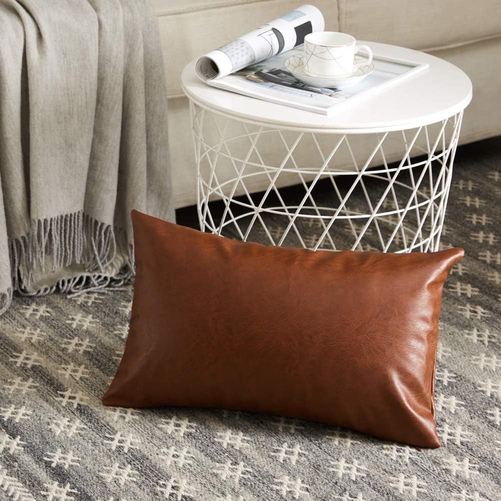 Fancy Homi Brown Boho Lumbar Faux Leather Decorative Throw Pillow Covers 12x24 Inch for Living Room Couch Bed Sofa, Solid Rectangle Cushion Case 30x60 cm, Rustic Modern Farmhouse Home Decor