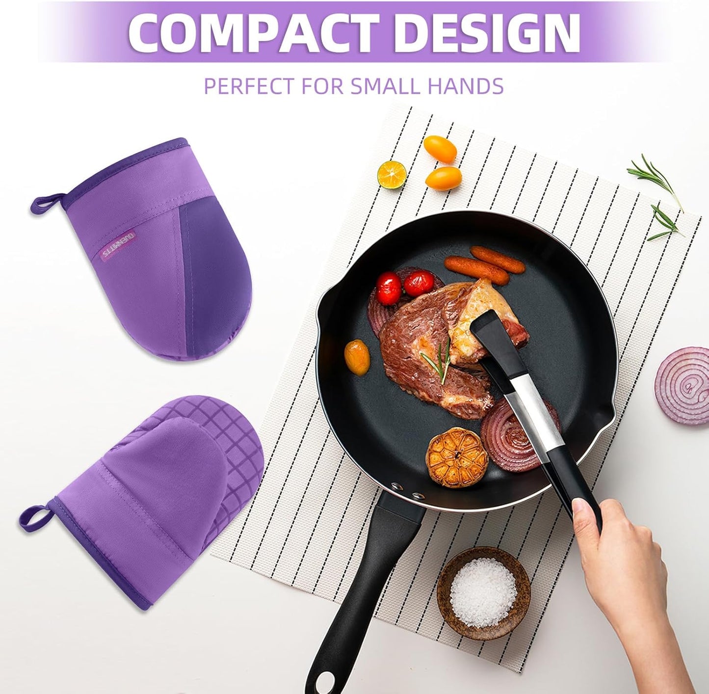 Mini Oven Mitts, Kitchen Oven Gloves Kitchen Mittens 500 Degrees Heat Resistant Baking Gloves, Non-Slip Silicone Surface with Hanging Loops Hot Gloves for Cooking, Baking, BBQ 1 Pair-Purple