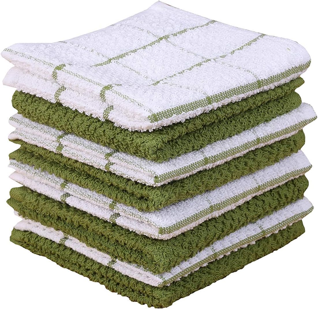 AMOUR INFINI Cotton Kitchen Dish Cloths Set of 8 – Highly Absorbent, Super Soft Premium Terry Cleaning Cloth (12"x12" Inch) Premium Dishcloths for Washing Dishes (Green)