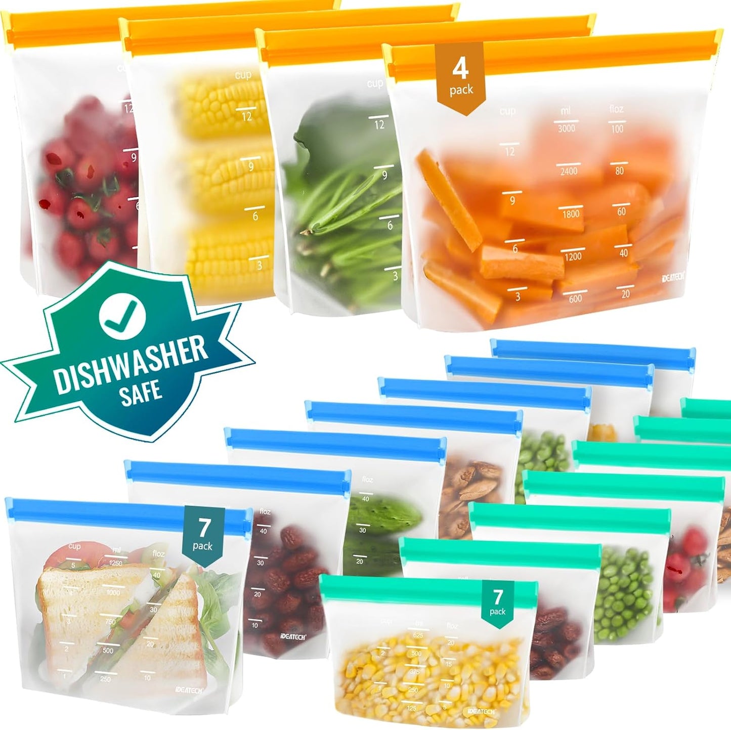 IDEATECH Freezer Bags, Food Storage Containers Dishwasher Safe, Leakproof BPA Free Food Bags Various Size,Gallon, Sandwich, Snack Bags, Reusable Bags for Meals,Lunch,Home Organization Travel(18Pack)