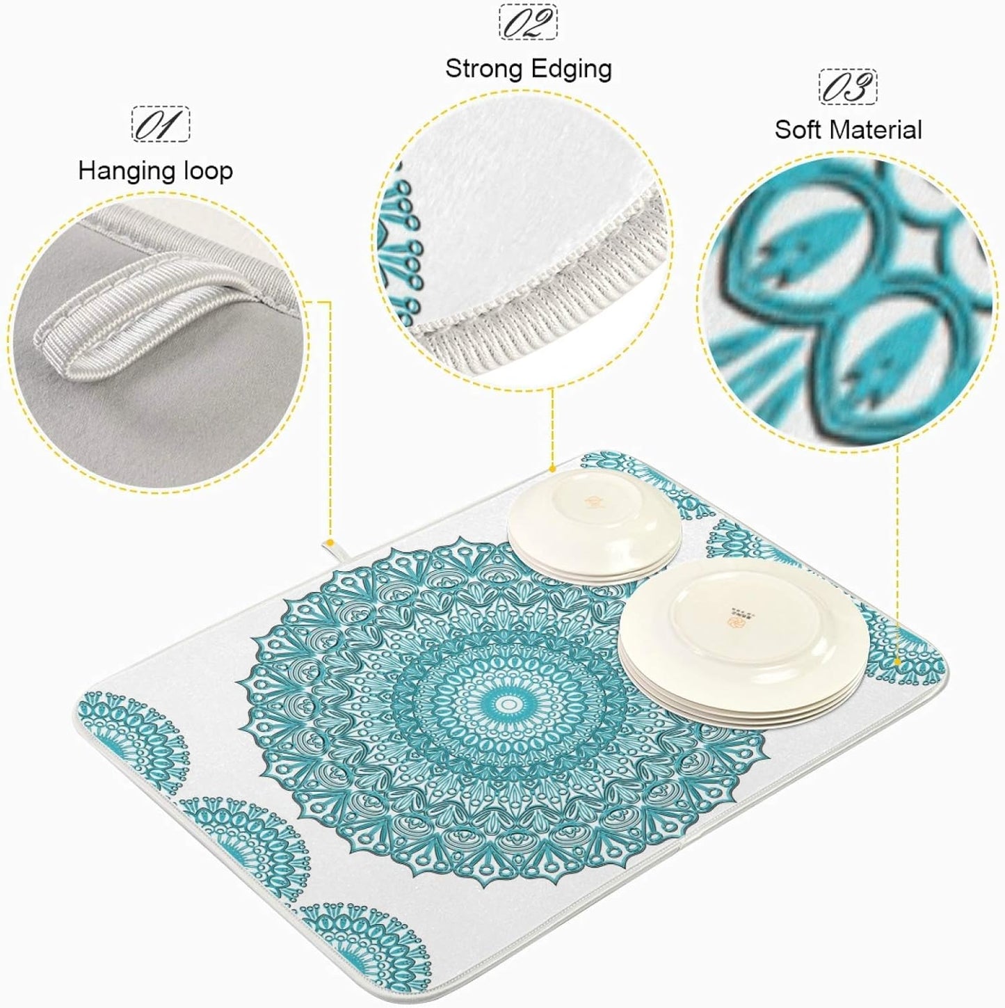 Super Absorbent Dish Drying Mat, Microfiber Fast-Drying Dish Mat, 16" x 18", Kitchen Dish Drying Pad, Boho Ethnic Turquoise Mandala