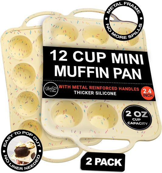 2 Pack Silicone Mini Muffin Pan 12 Count – Non-Stick Silicone Muffin Pans for Baking, BPA-Free Cupcake Pans for Baking, Easy Release, Metal Handles, Oven & Dishwasher Safe