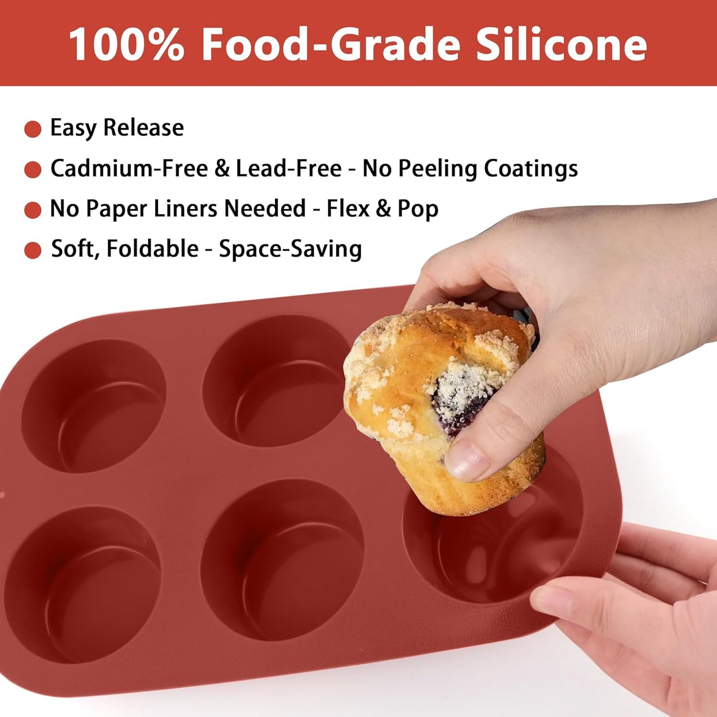 3-Pack 6-Cup Silicone Muffin Pans, Nonstick Cupcake Baking Molds, BPA/PFA-Free, Dishwasher & Oven Safe - Brown