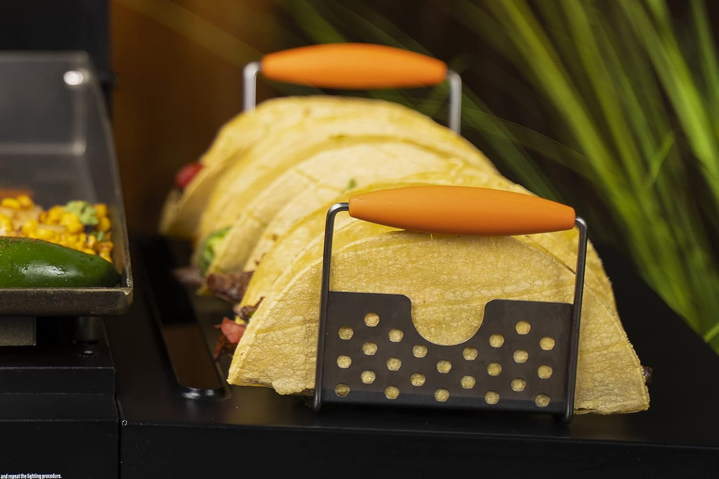 BLACKSTONE 5173 Deluxe Holder Stand Pack of 2 Stainless Steel Racks with Heat Resistant Handles-One Tray Holds 6 Tacos-Dishwasher Safe, Orange/Silver