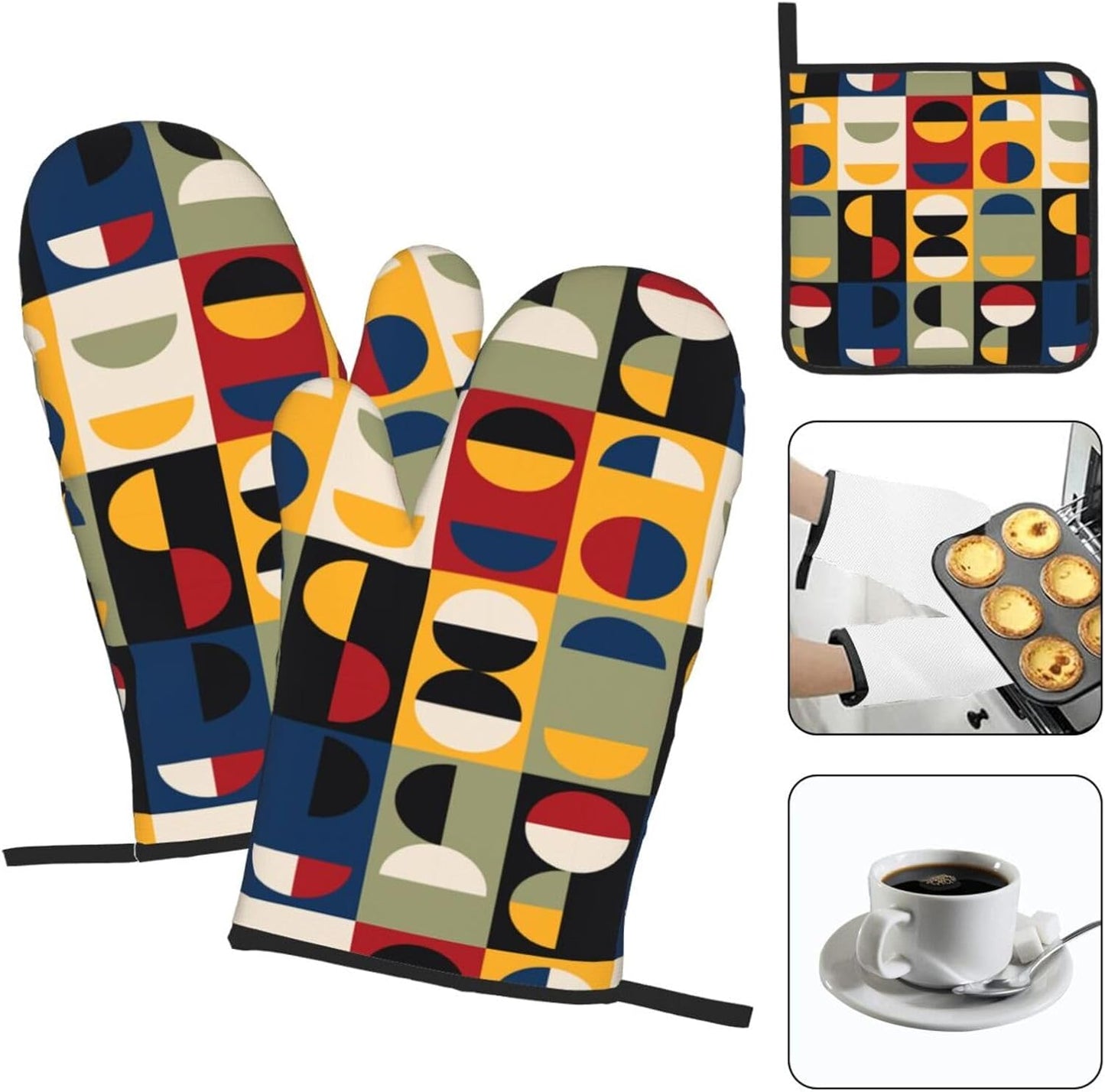 Retro Mid Century Modern Oven Mitts and Pot Holders Set Vintage Decorative Heat Resistant Microwave Oven Gloves for BBQ Baking Grilling Cooks Kitchen Decor 3 Piece