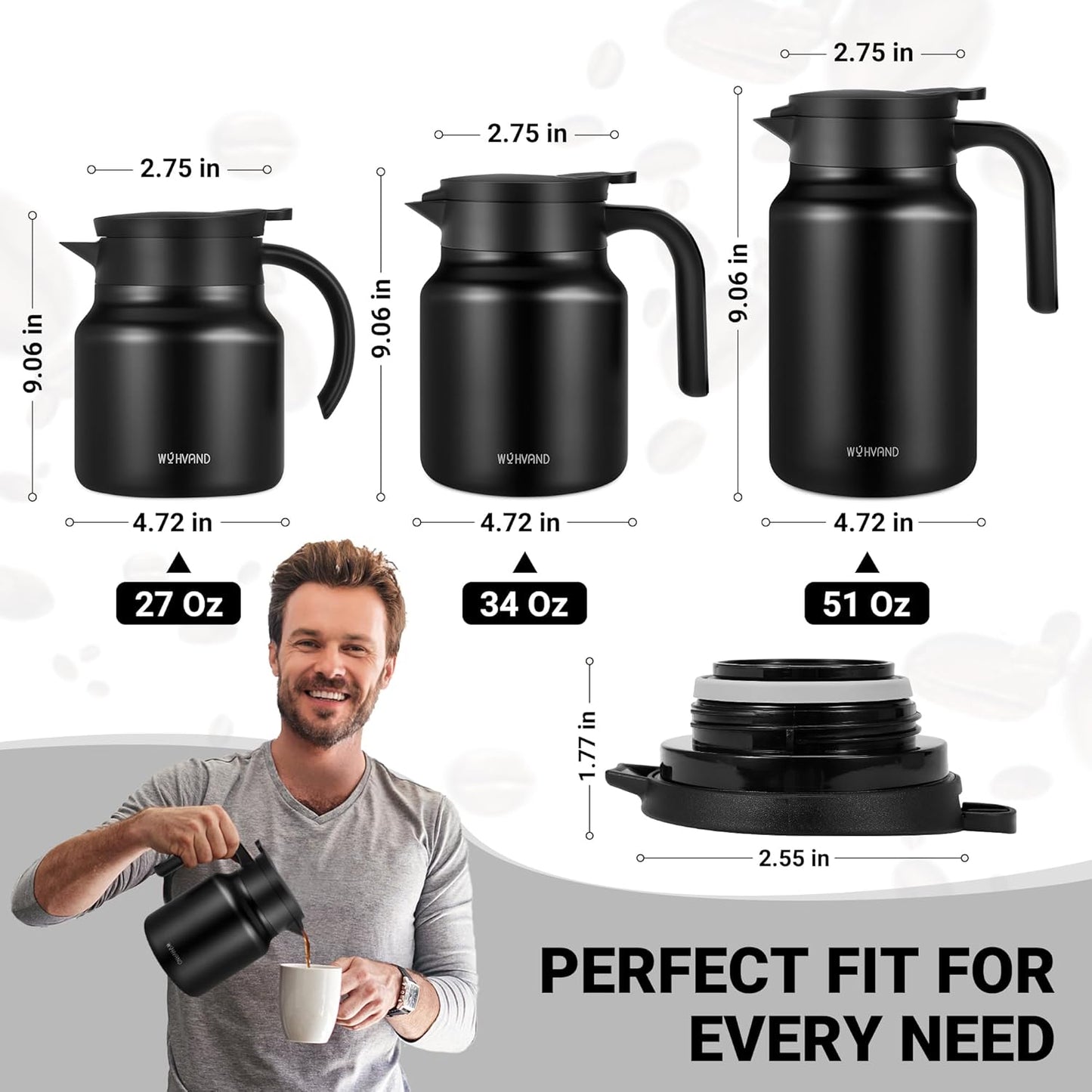 51Oz Thermal Coffee Carafes For Keeping Hot/Cold, Stainless Steel Coffee Carafe, Dustproof Insulated Water Carafe for Party/Home,Black