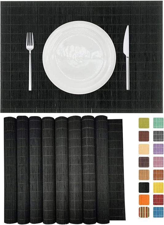 ANDSTAR Set of 8 Pcs Bamboo Placemats Sushi Rolling Mat Japanese Style Natural Anti-Slip Bamboo Placemats Washable Heat-Resistant Table Mats for Dining Room and Kitchen（Black）