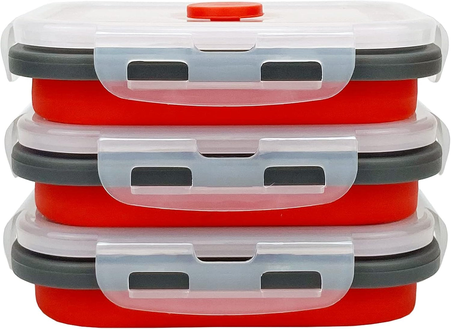 CCyanzi 3piece Collapsible Food Storage Containers with Lids, Silicone Lunch Container, Microwave & Freezer Safe, Space Saving for Kitchen Cabinet and Camping Backpack,(red gray)