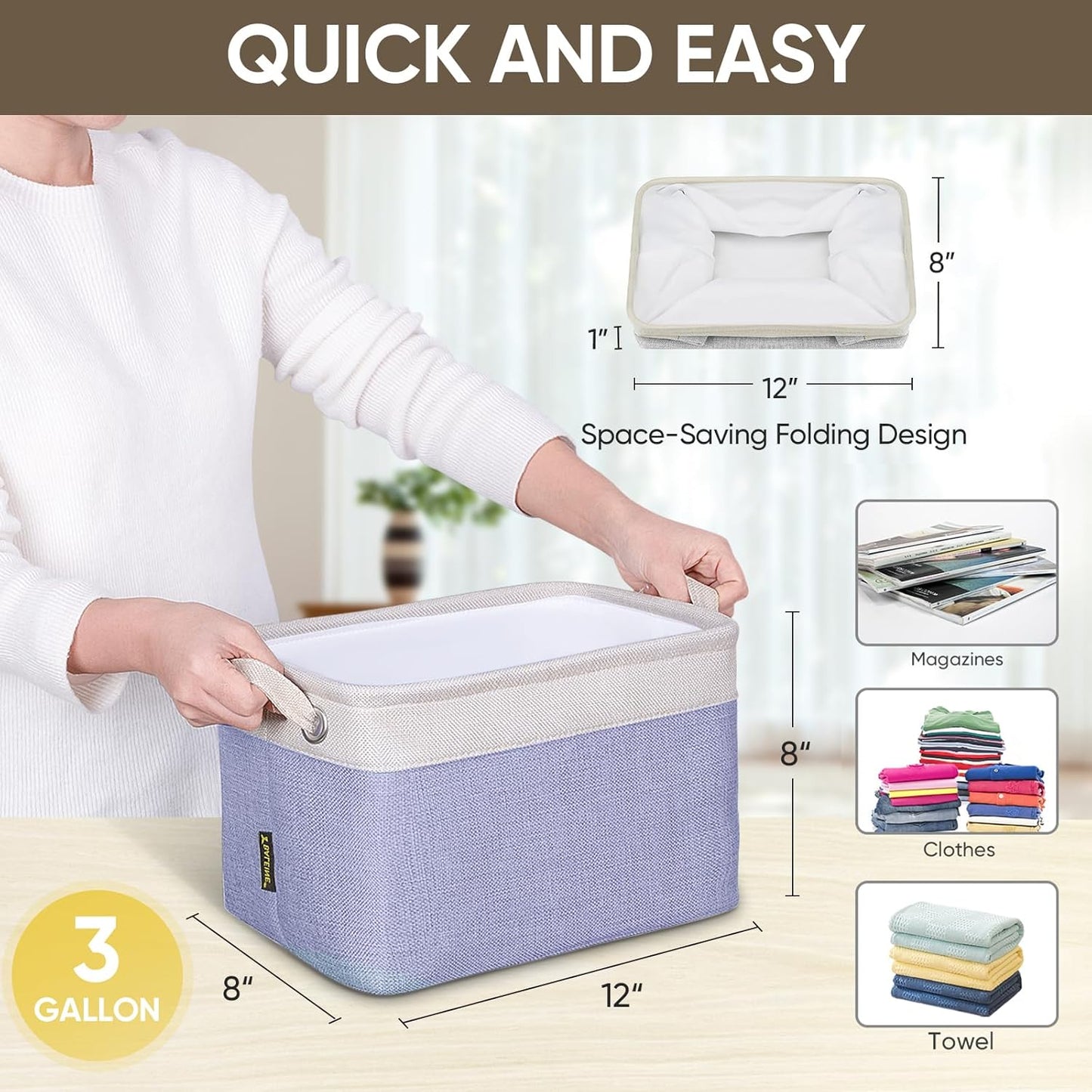 BALEINE 4 Pack Fabric Storage Bins for Shelves, Linen Storage Baskets for Organizing, Decorative Closet Bins for Clothes, Home (Lavender, 12"x8"x8")