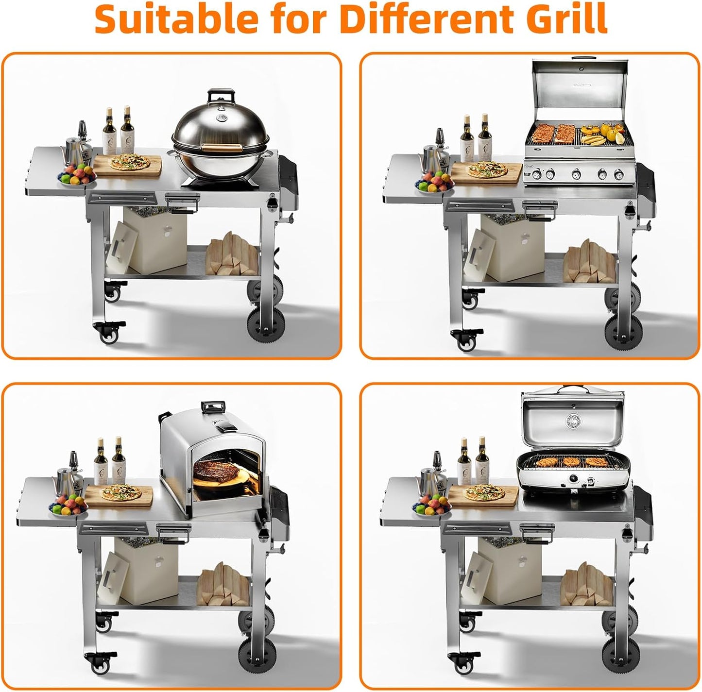 Food Grade 304 Stainless Steel BBQ Grill Table fits Tabletop Griddle, Outdoor Grill Table with 4 Foldable Legs, Portable Grill Stand for RV, Camping, Tailgating