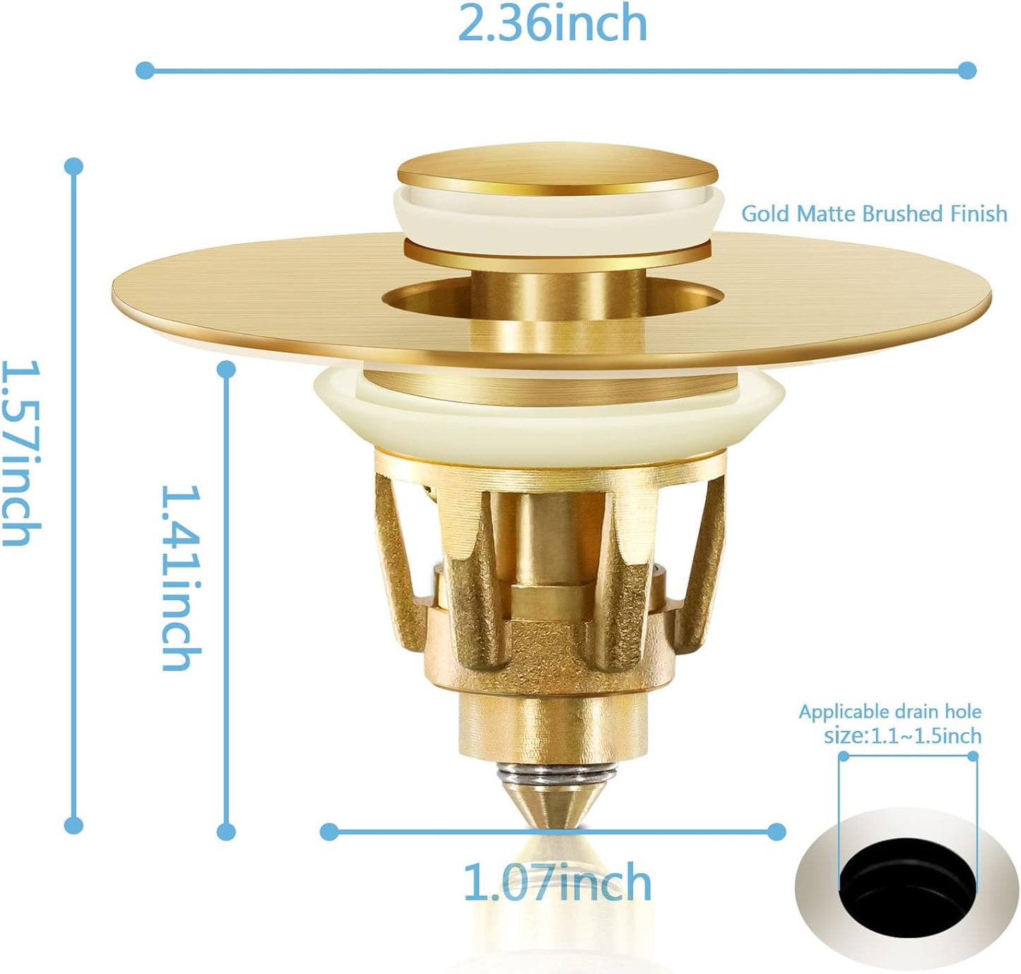 Gold Bathroom Sink Stopper，Pop Up Drain Stopper for Bathroom Sink，‎2-in-1 Sink Stopper & Strainer,Universal Wash Basin Sink Stopper，Suitable for 1.1"~1.5" Bathroom Sink Drain Pipe（Gold Matte Brushed）