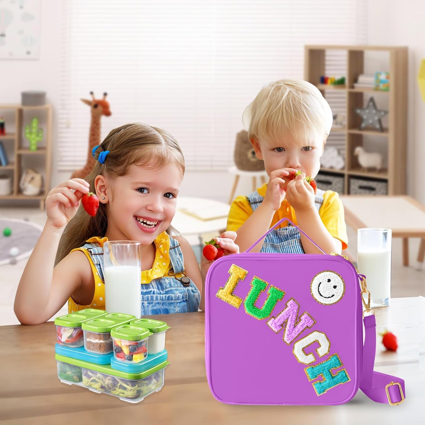 Insulated Lunch Bag With Adjustable Shoulder Strap, Nylon Preppy Lunch Box Large Insulated Lunch Bag Reusable Lunch Tote Bag with Smiley Preppy LunchBag for Girls School Travel Picnic (Dark purple)