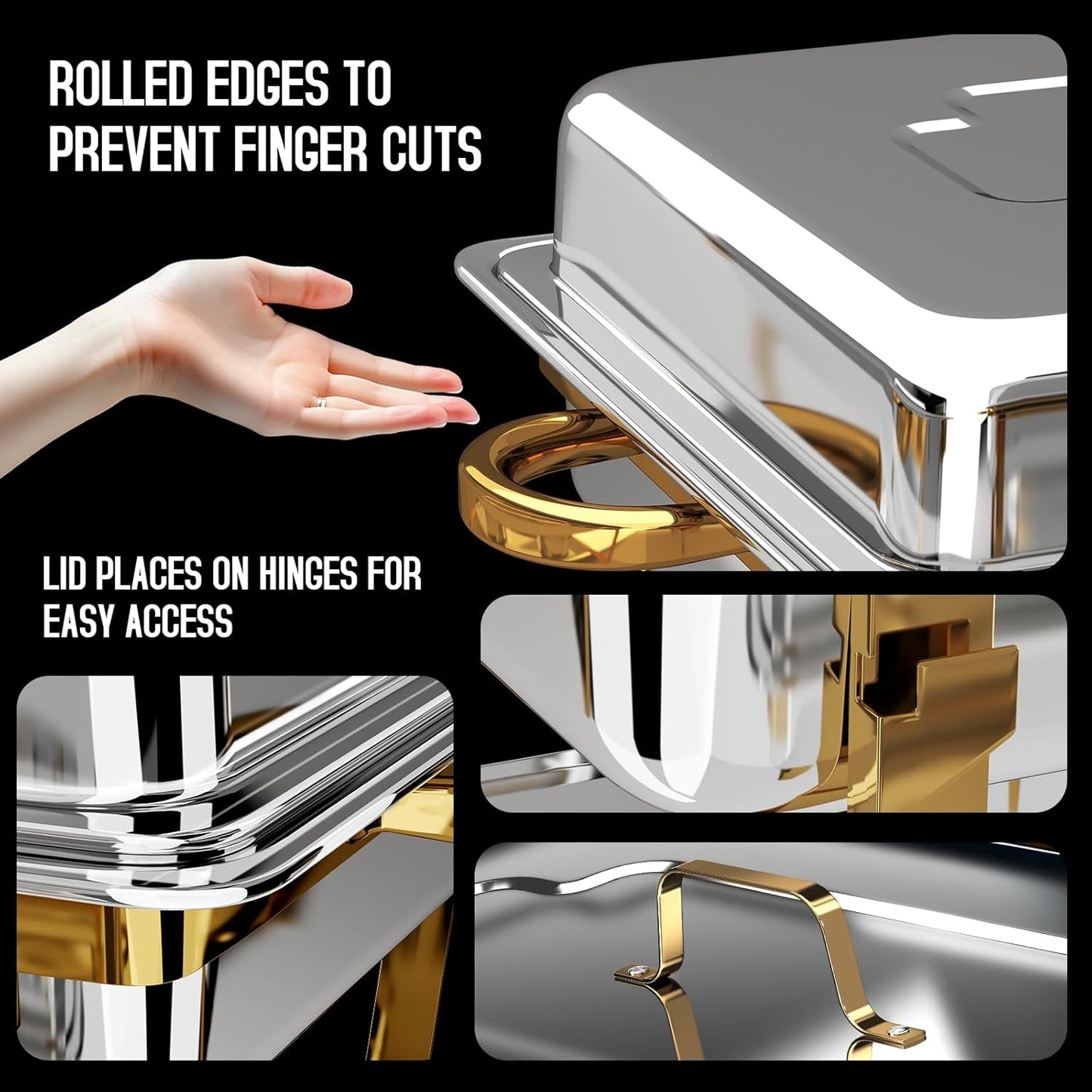 Chafing Dishes for Buffet 2 Pack, [Elegant Gold and Silver] Stainless Steel Chafing Dish Buffet Set, 9QT No-Finger Cut Roll Edge Chafers and Buffet Warmers Sets for Party (Gold Full Panx2)