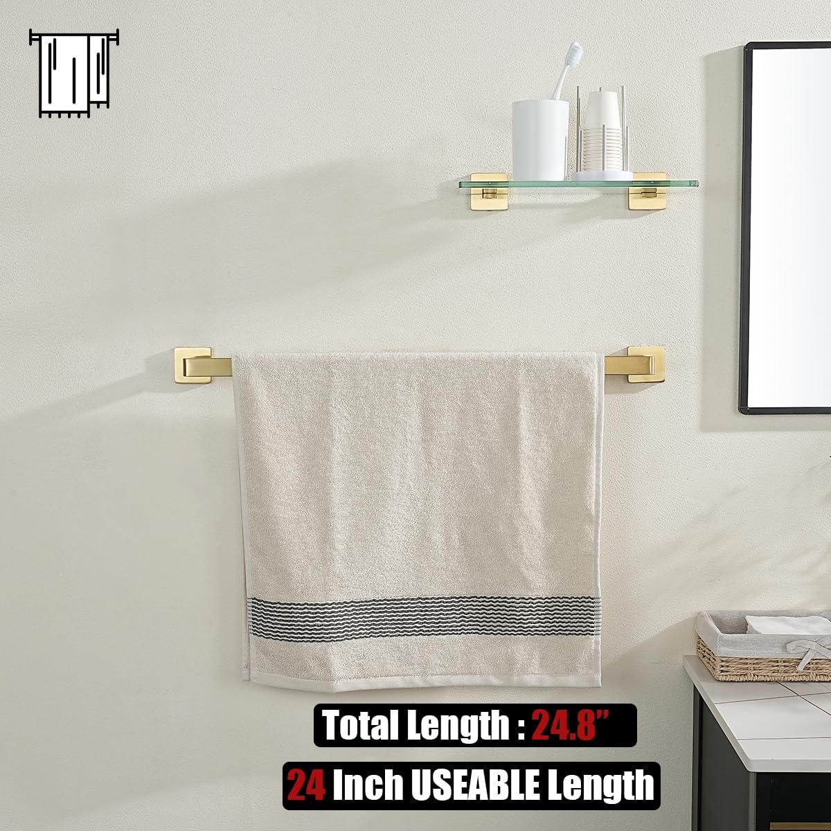 JQK Gold Towel Bar, Rounded Edges 29.41 Inch Towel Rack, 304 Stainless Steel Bathroom Wall Mount, Useable Length 27 Inch, TB250L27-BG