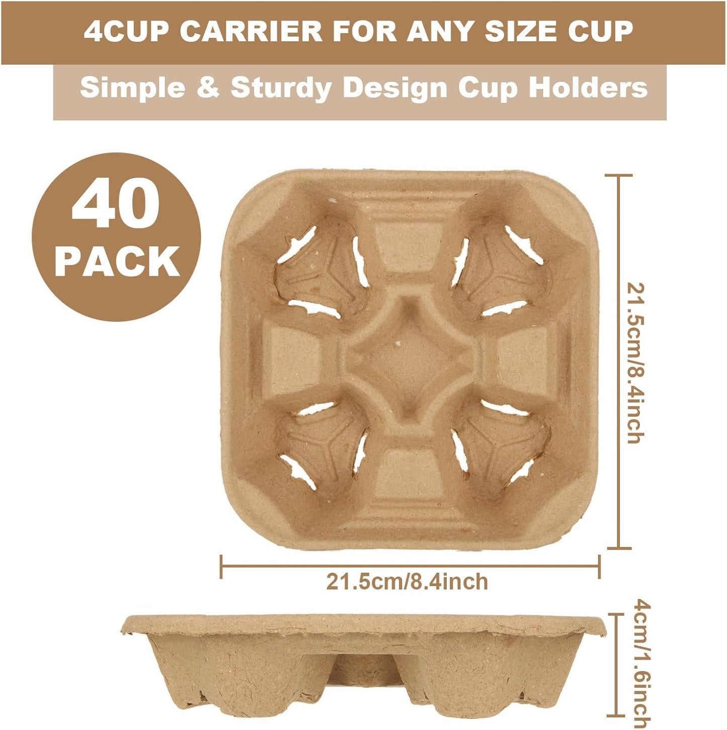 4 Cup Carrier Tray, 40Pcs Disposable Cup Carrier, Biodegradable Cup Holder, Brown Drink Carrier for Hot or Cold Drink, Coffee Shops, Restaurants, Juice Bars