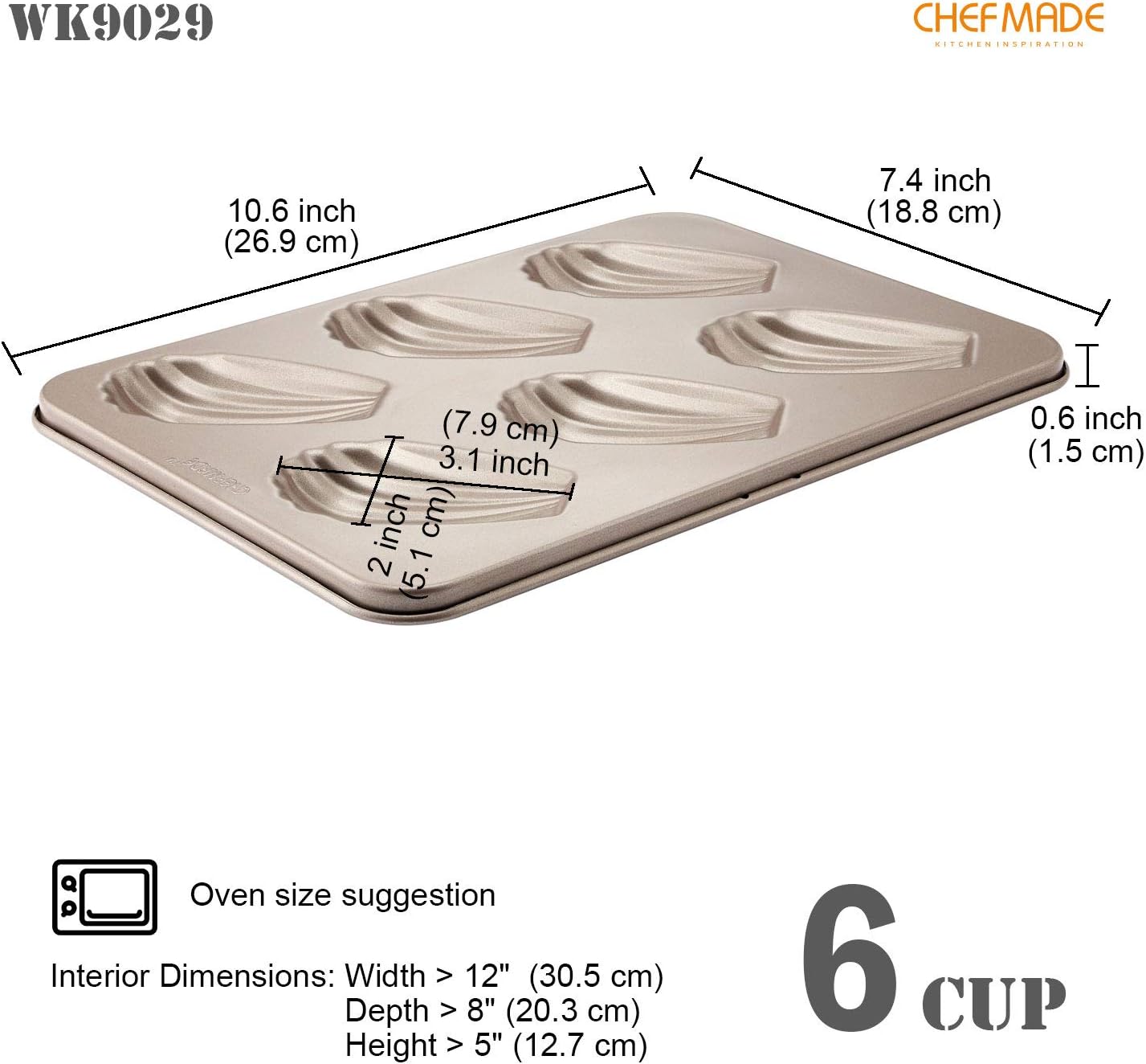 CHEFMADE Madeleine Mold Cake Pan, 6-Cavity Non-Stick Oval Shell Madeline Bakeware for Oven Baking (Champagne Gold)