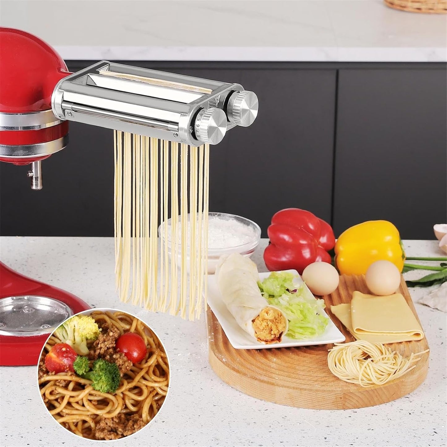 Pasta Maker Attachment for KitchenAid Mixers,3 in 1 Set Included Pasta Sheet Roller, Spaghetti and Fettuccine Cutter Accessories