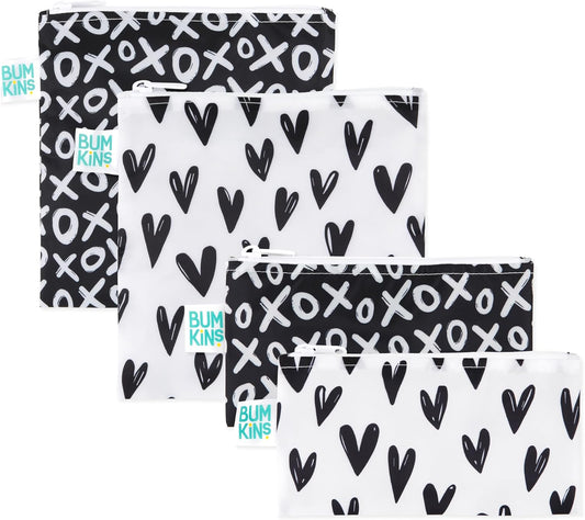 Bumkins - Cloth Snack & Sandwich Bags - For Storage, Travel, Food Prep, Lunch - Reusable, Water Resistant, Washable, Dishwasher Safe - Snack Bags for Kids - Zipper Closure - Black Hearts - 4 Pack