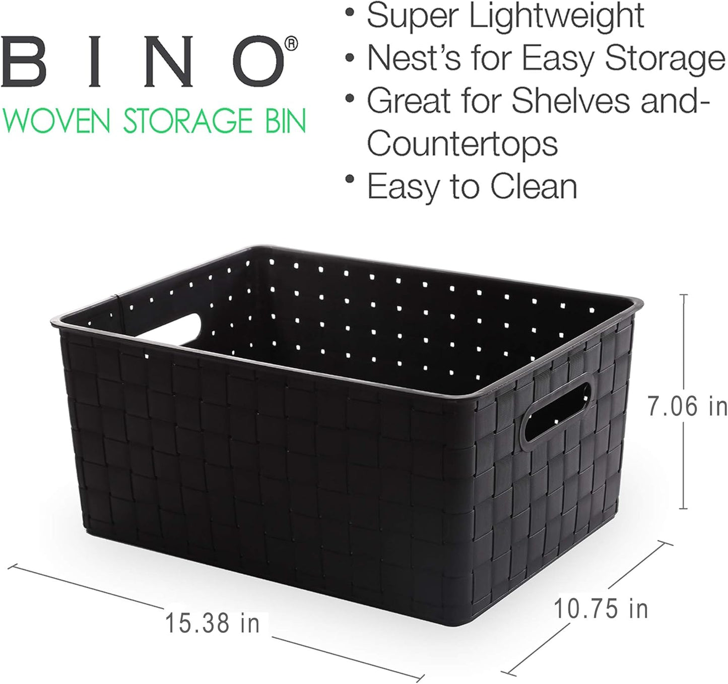 BINO | Plastic Basket, Large - Black | 3 Pack | THE STABLE COLLECTION | Multi-Use Storage Basket | Rectangular Cabinet Organizer | Home & Office Storage Organizer | Baskets for Bathroom Organizing