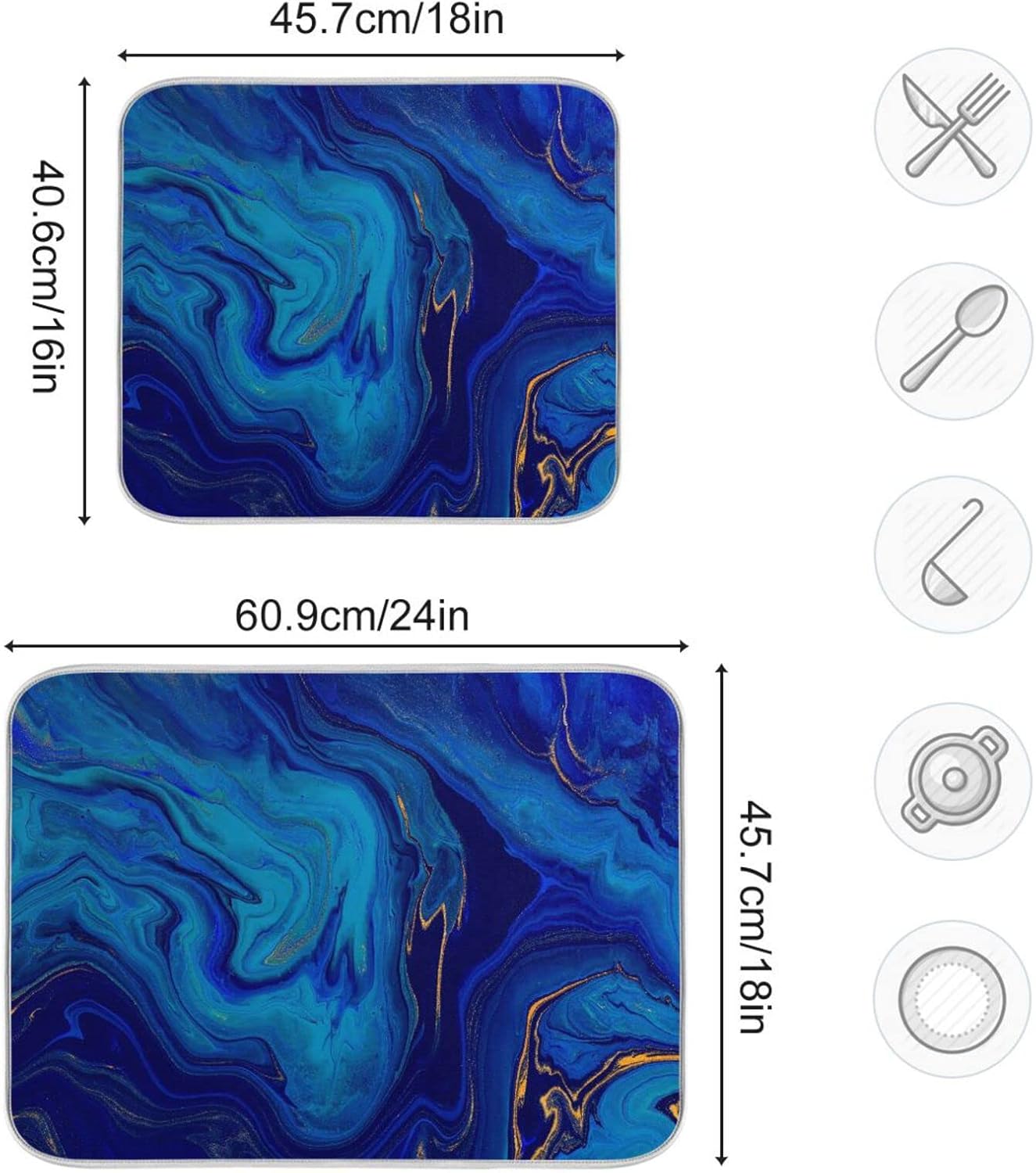 Super Absorbent Dish Drying Mat, Microfiber Fast-Drying Dish Mat, 16" x 18", Kitchen Dish Drying Pad, Navy Blue Gold Marble