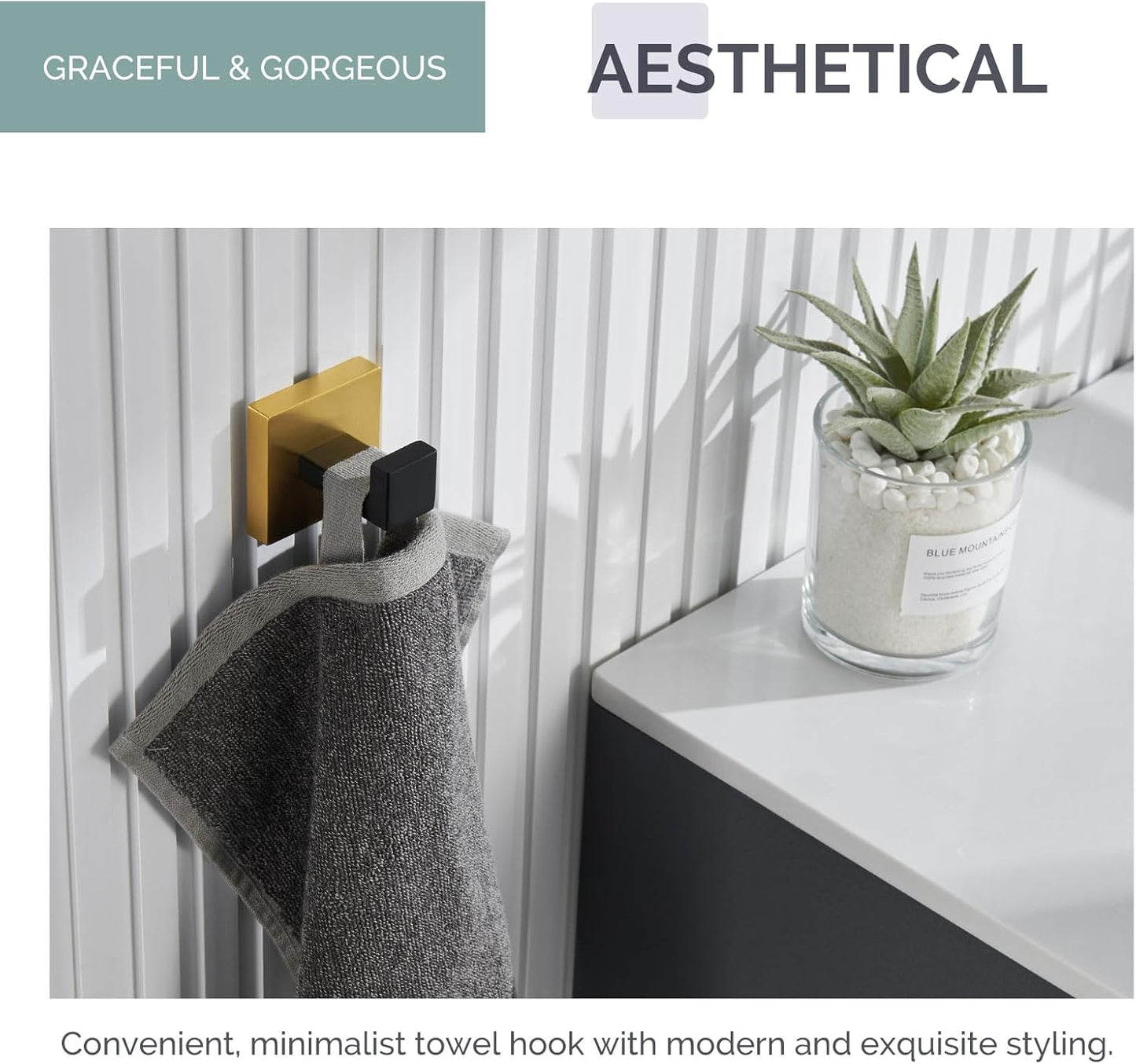 Angle Simple Towel Hook Black & Gold, 304 Stainless Steel Square Robe Bathroom Hook for Wall