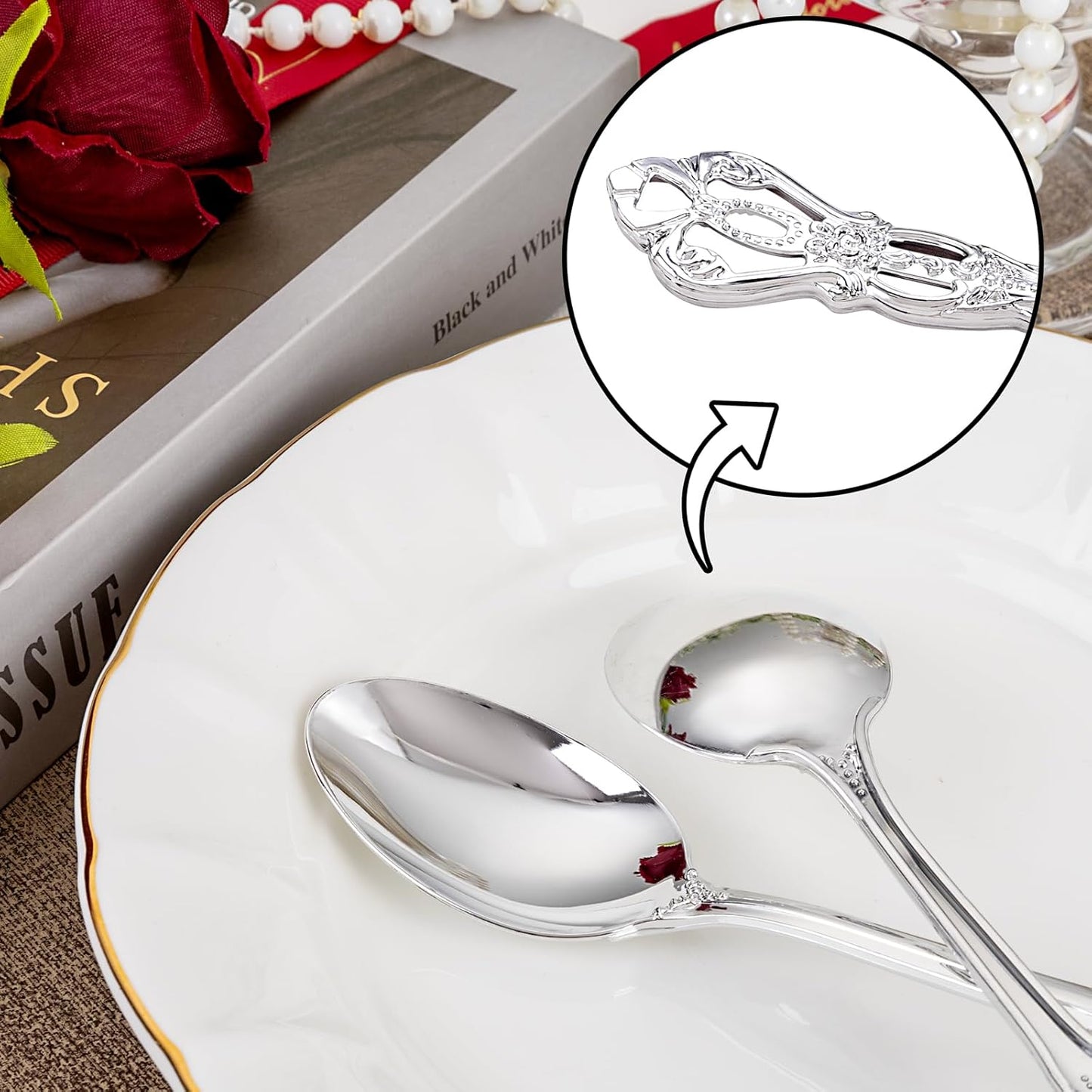 30PCS Silver Plastic Spoons - Silver Spoons Disposable - 8.1 Inch Heavy Duty Plastic Silverware - Heavyweight Elegant Disposable Utensils for Catering, Parties, Dinners, Weddings