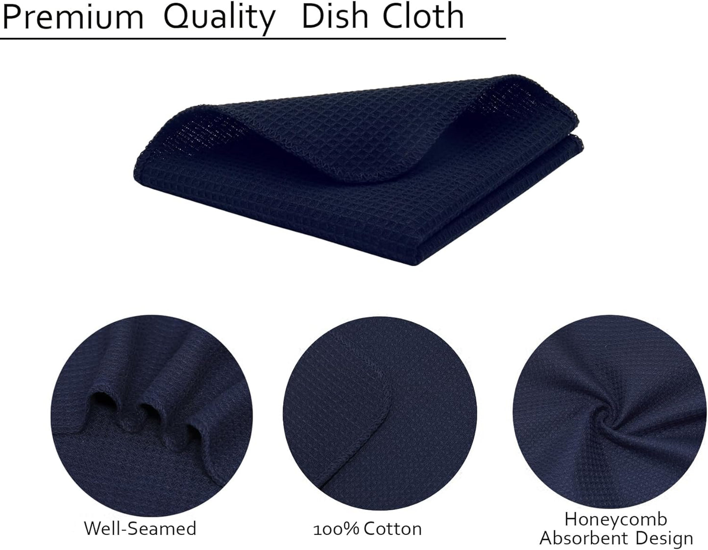 PurpleEssences Dish Cloths and Dish Rags - 8 Pack Waffle Weave Solid Kitchen Dish Wash Cloths, 100% Cotton, 12 x 12 Inches, Ultra Soft Absorbent Quick Drying - Navy Blue