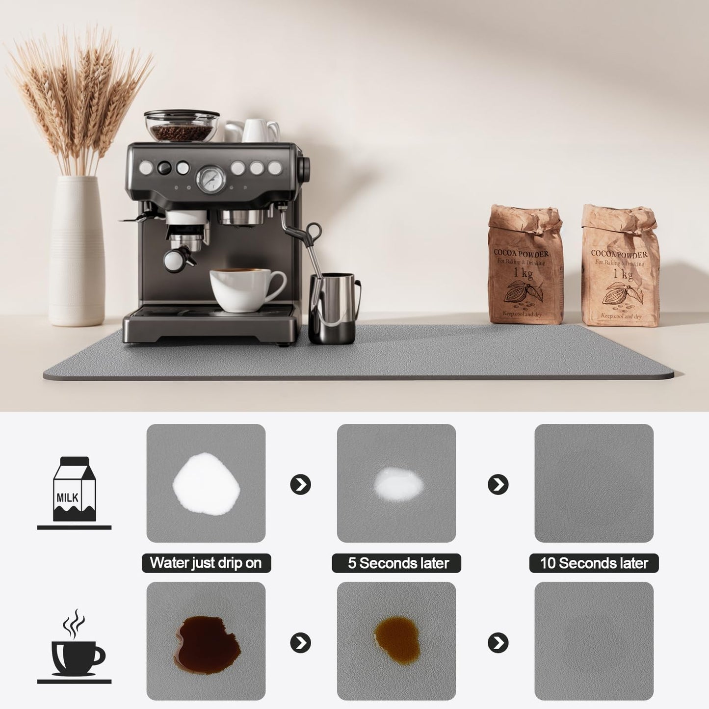 Dish Drying Mat for Kitchen Counter | Coffee Bar Mat for Countertops | Heat Resistant Drainer Mat with Non-slip Rubber Backed | Hide Stain Kitchen Absorbent Draining Mat | Grey 18"x28"