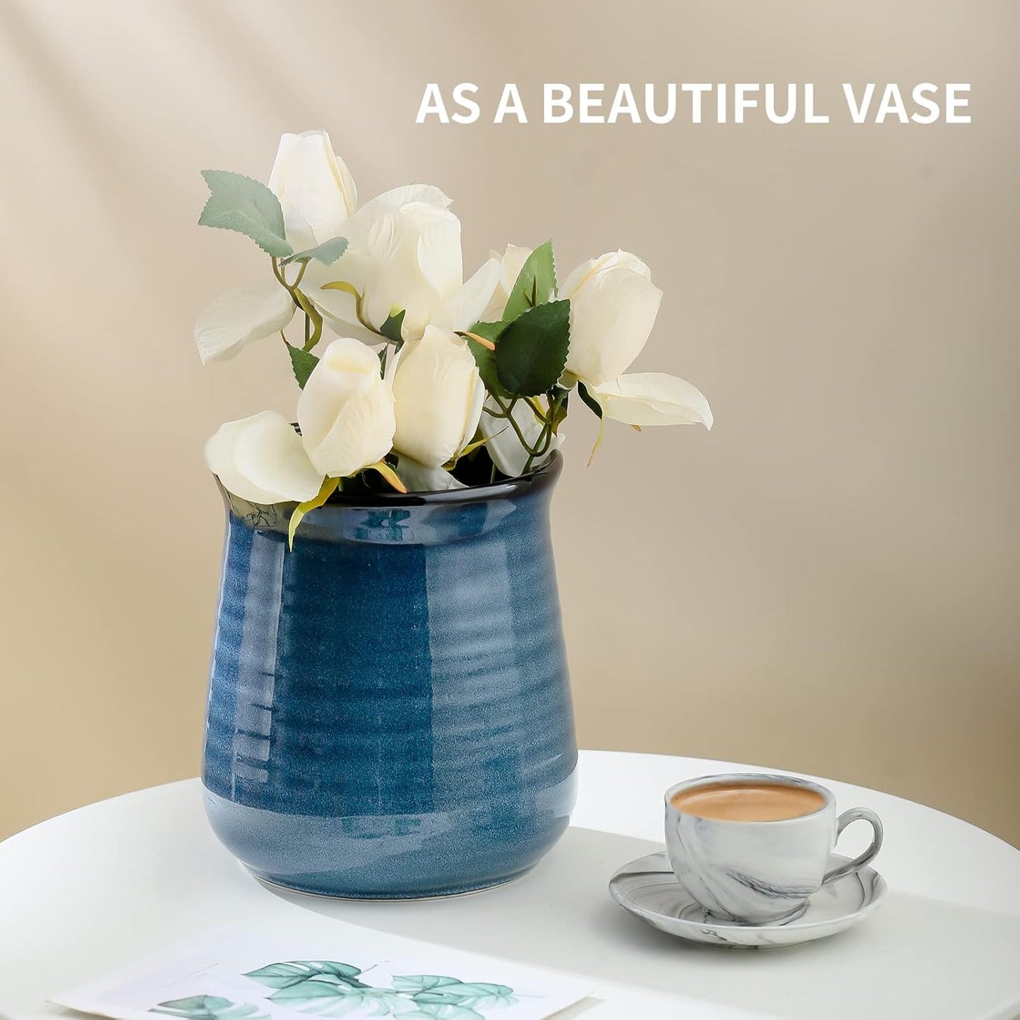 Hasense Large Utensil Holder Crock for Kitchen Counter, 7.1" Ceramic Cooking Utensil Organizer for Countertop, Farmhouse Vintage Utensil Caddy for Spatula Spoon, Rustic Home Table Decor, Blue