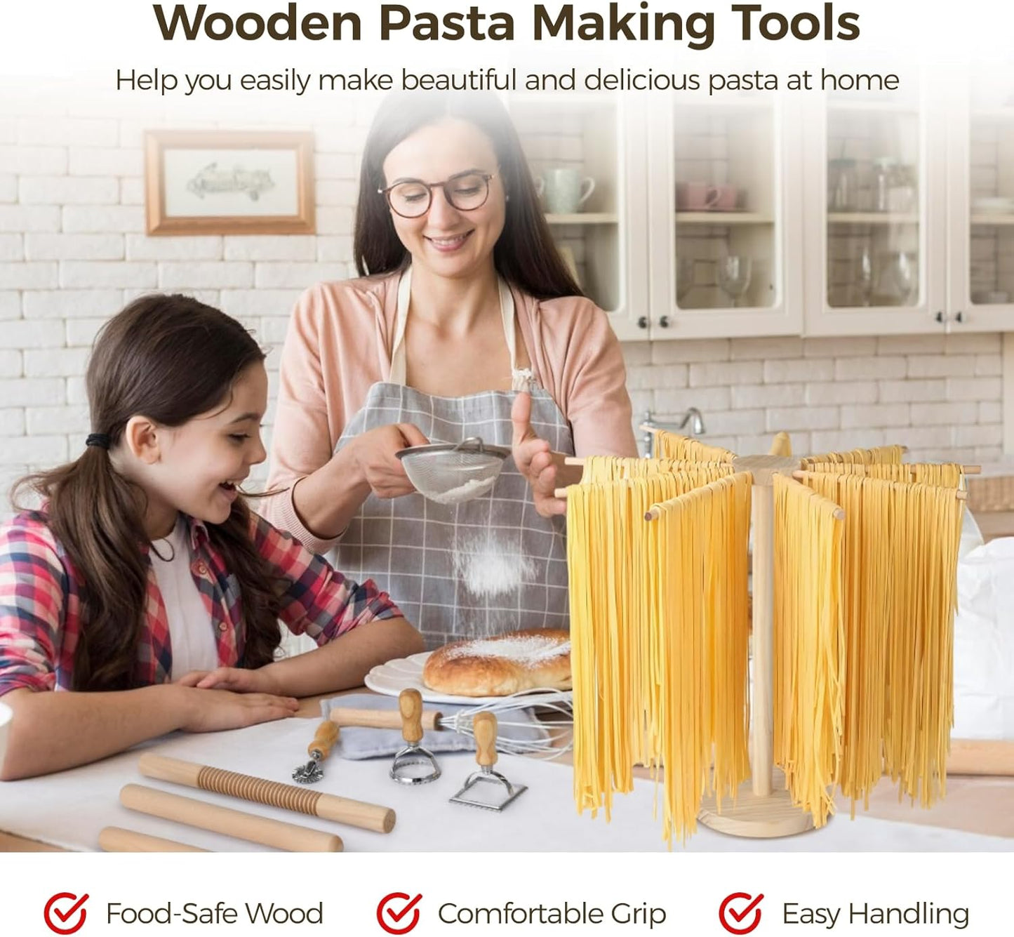 8 Pcs Pasta Making Tools, Wood Pasta Maker Kit, Includes 1 Pasta Drying Rack, 3 Rolling Pins, 1 Dough Cutter, 2 Pasta Stamps, and 1 Ravioli Cutter, Homemade Pasta Making Supplies