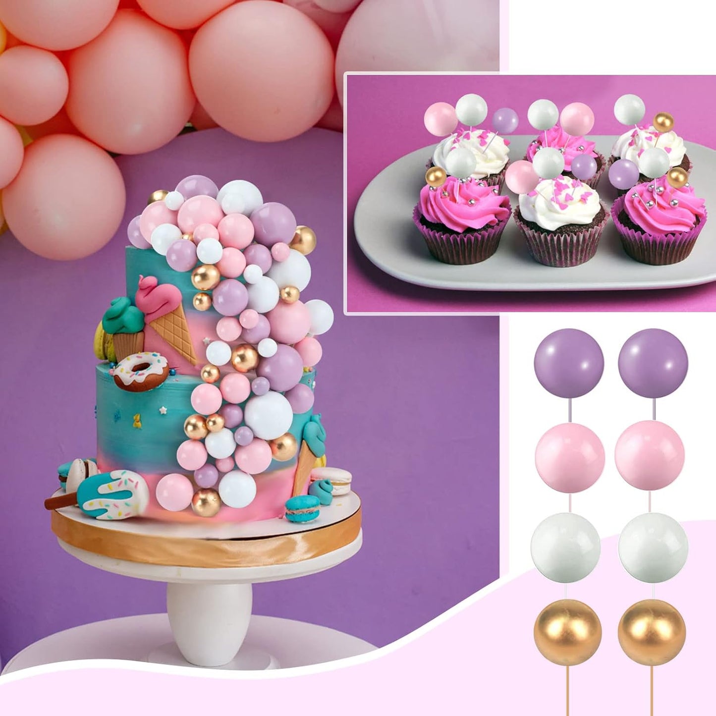 108 Pcs Balls Cake Topper DIY Cupcake Insert Foam Balloons for Cake Baking Wedding Anniversary Birthday Decoration(Pink, Purple, White, Gold,Multi Sizes)