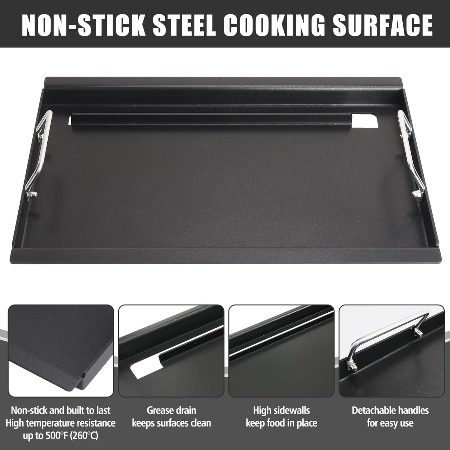 Full Size Griddle with Handles for Kitchen Aid 720-0709C 720-0826 860-0003C, Flat Top Grill Insert Replacement for KitchenAid 750-0780 870-0003 Nexgrill 720-0709B, Carbon Steel, Non-stick