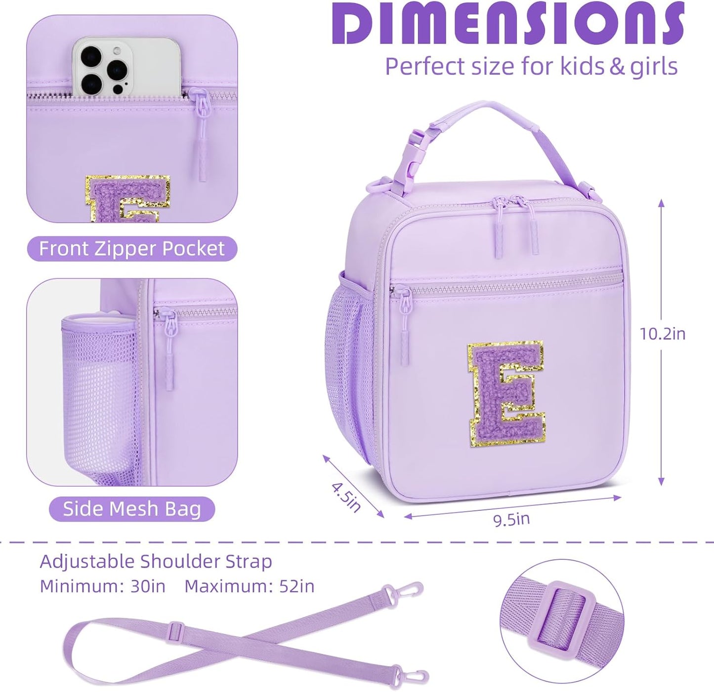 Initial Insulated Lunch Bag for Girls Kids, Back to School Gift, Reusable Leak-proof Lunch Box with Adjustable Strap for School Daycare Travel Picnic (Purple,E)