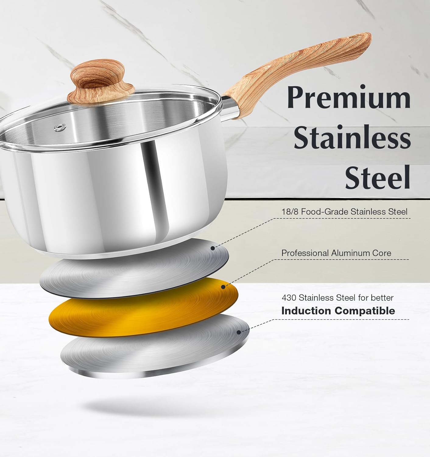 KOCH SYSTEME CS Stainless Steel Saucepan, 3 Quart Sauce Pan with Lid & Cool-Touch Bakelite Handle, 3 QT Saucepan with Lid, Induction Sauce Pan, Stainless Steel Pot 3 Quart