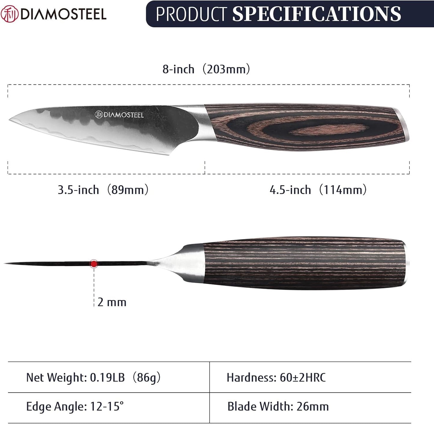 Paring Knife - 3.5-Inch Professional Kitchen Knife - Hammered Black Oxide Blade Japanese 9CR18MOV High Carbon Stainless Steel Sharp fruit Knife - Ergonomic Pakkawood Handle with Present Box