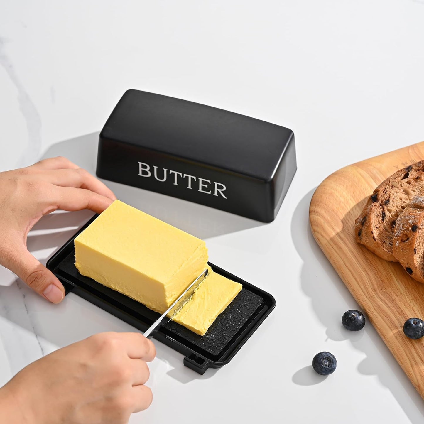 Butter Dish With Cover And Knife,Food Grade Plastic Butter Holder With Lid For Countertop,Black Dishwasher Safe Butter Storage Container