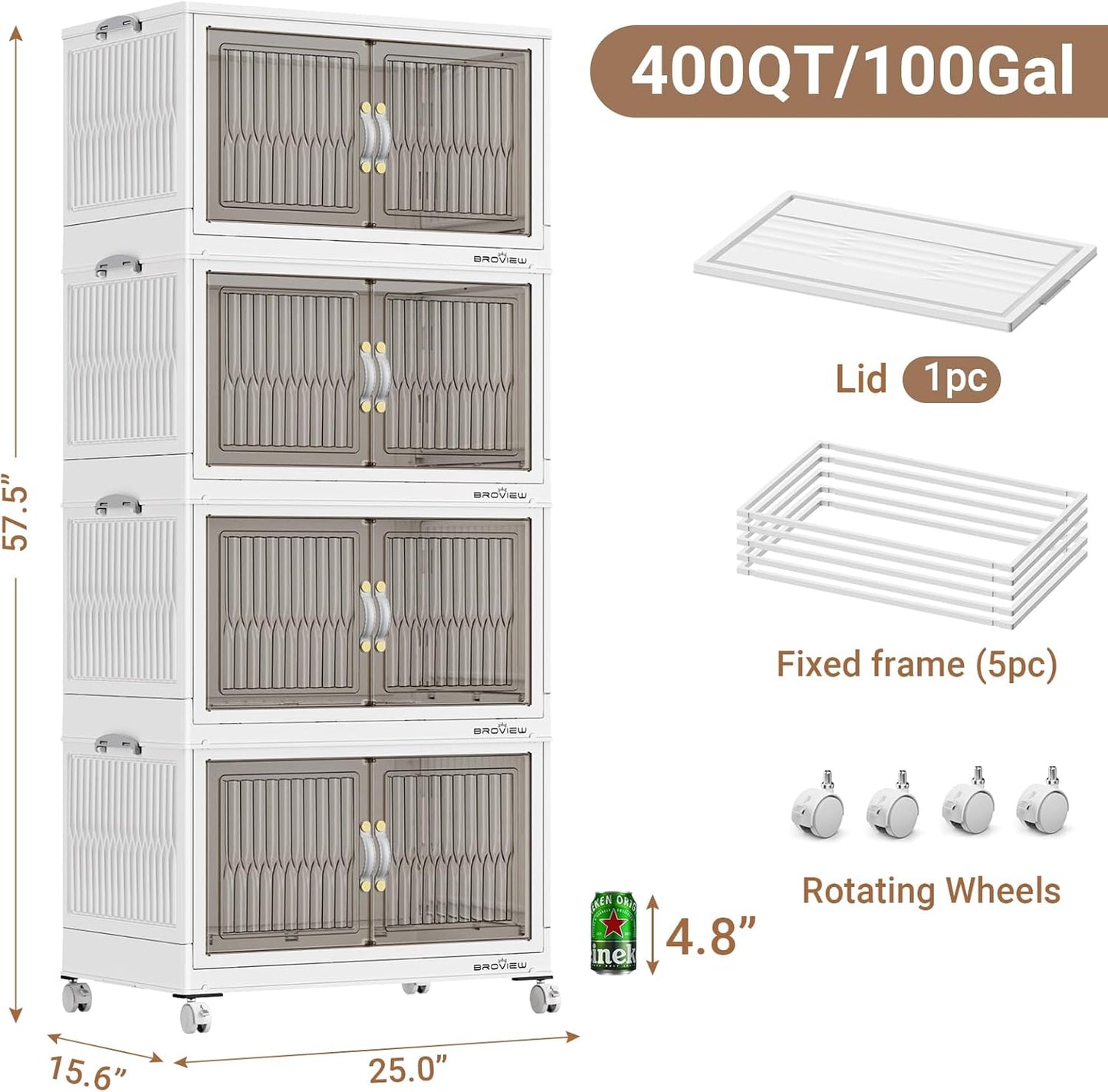 400Qt Stackable Storage Bins with Lid, Extra Large Closet Organizer Collapsible Drawer Boxes with Wheels, Folding Plastic Cabinet Containers for Home Kitchen Room Organization, 4Pack White