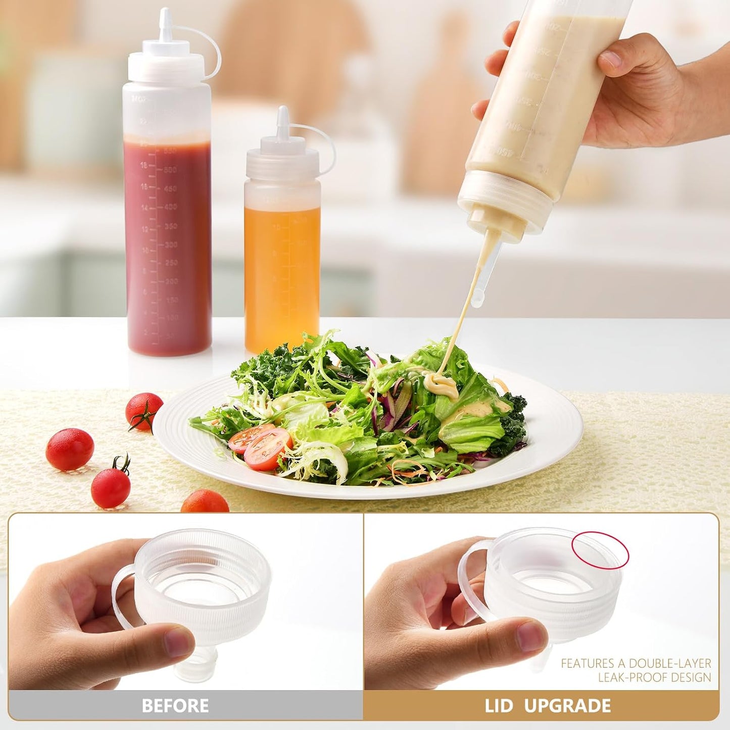 8 Pack 12 oz Plastic Squeeze Squirt Condiment Bottles with Cap Lids - Perfect for Condiments, Oil, Icing, Liquids–Set of 8 with extra 1 Silicone Funnel, 8 Chalk Labels and 1 Pen