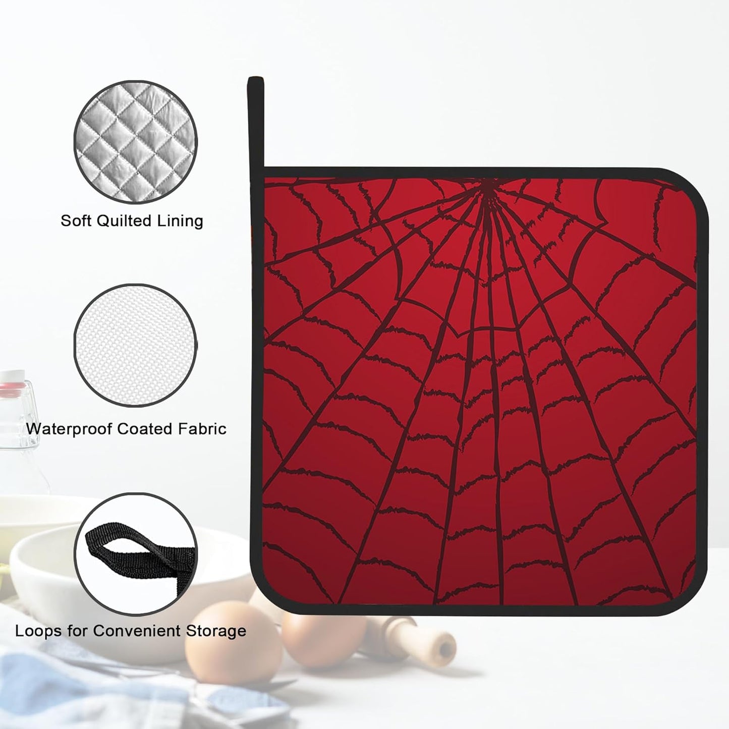Pot Holder Set of 2,Spider Web Cool Red Black Kitchen Heat Resistant Potholder for BBQ Cooking Baking,Food Hot Pat for Women Men Kitchen Wear