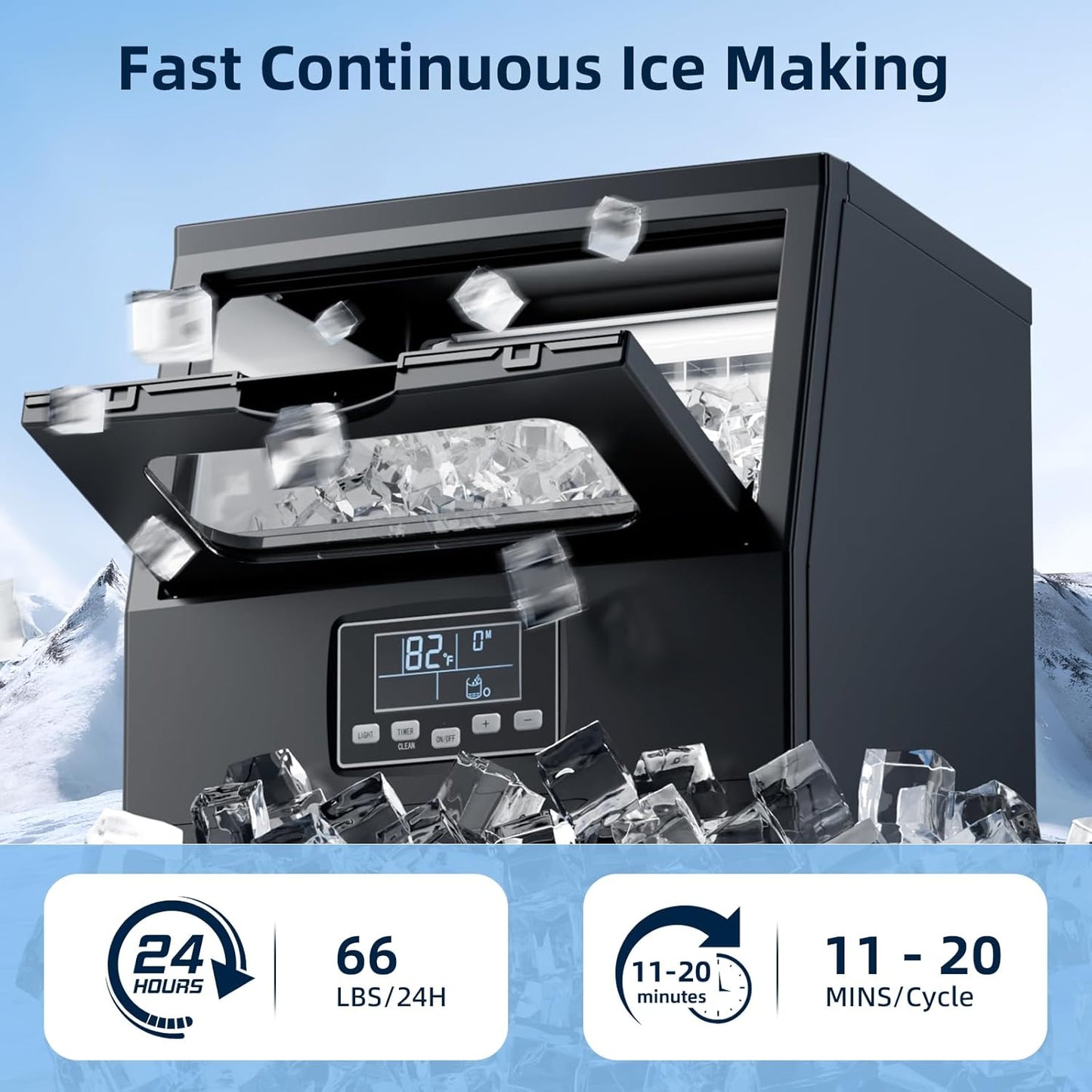 Antarctic Star Commercial Ice Maker Machine 66Lbs/24H, Self-Cleaning, Ice Scoop, Freestanding Ice Cube Machine for Home, Bar, Restaurant, Coffee Shop