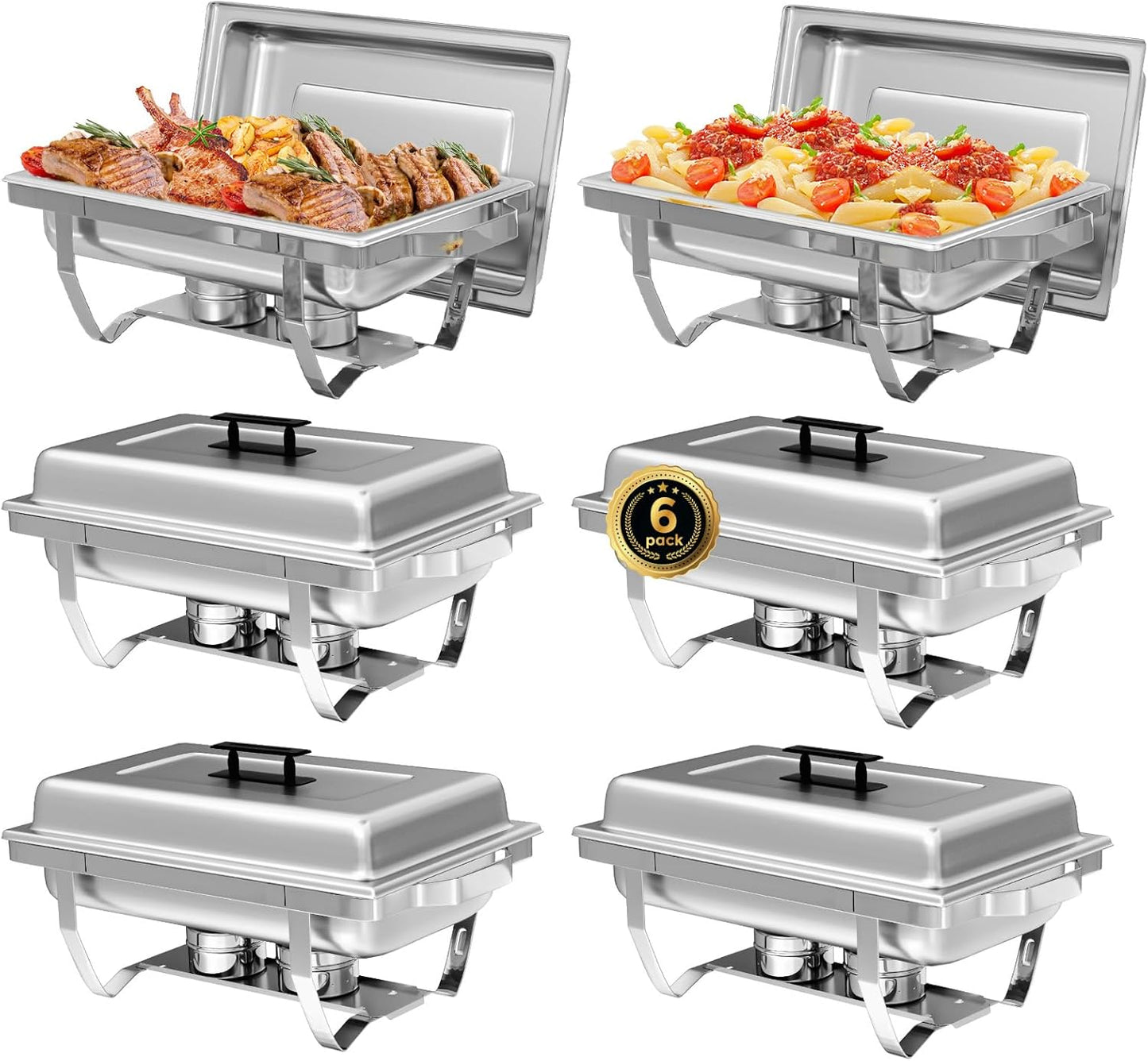 6 Pack Chafing Dish Buffet Set, 8QT Stainless Steel Rectangular Chafers and Buffet Warmer Sets for Catering, with Food & Water Pan, Lid, Foldable Frame, Fuel Holder for Event Party Holiday