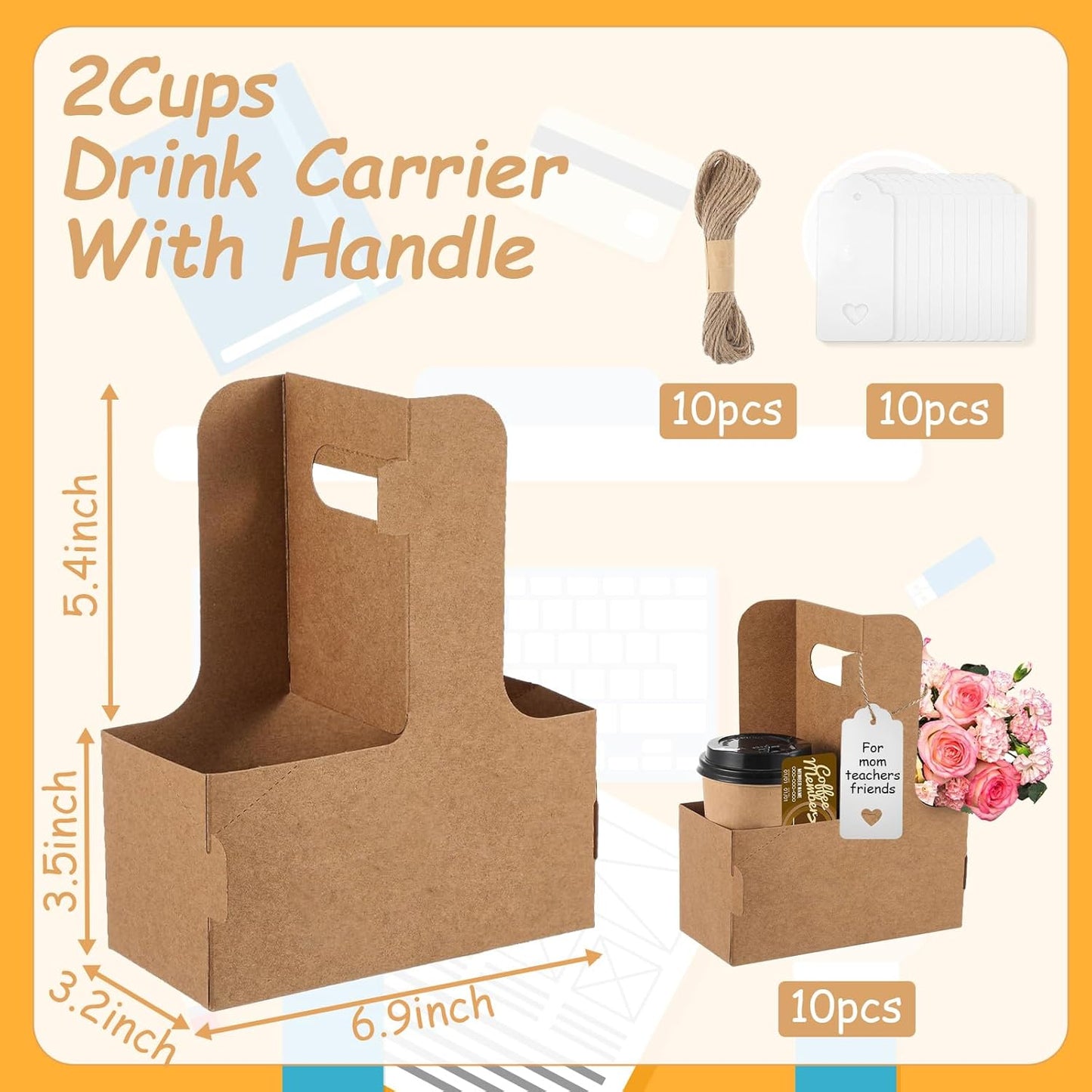 10 Pack 2 Cup Disposable Drink Carrier with Handle Paperboard Coffee Cup Holder Portable for Hot Cold Drinks Food Delivery Services with Heart Card for Teacher Appreciation Week Mother's Day