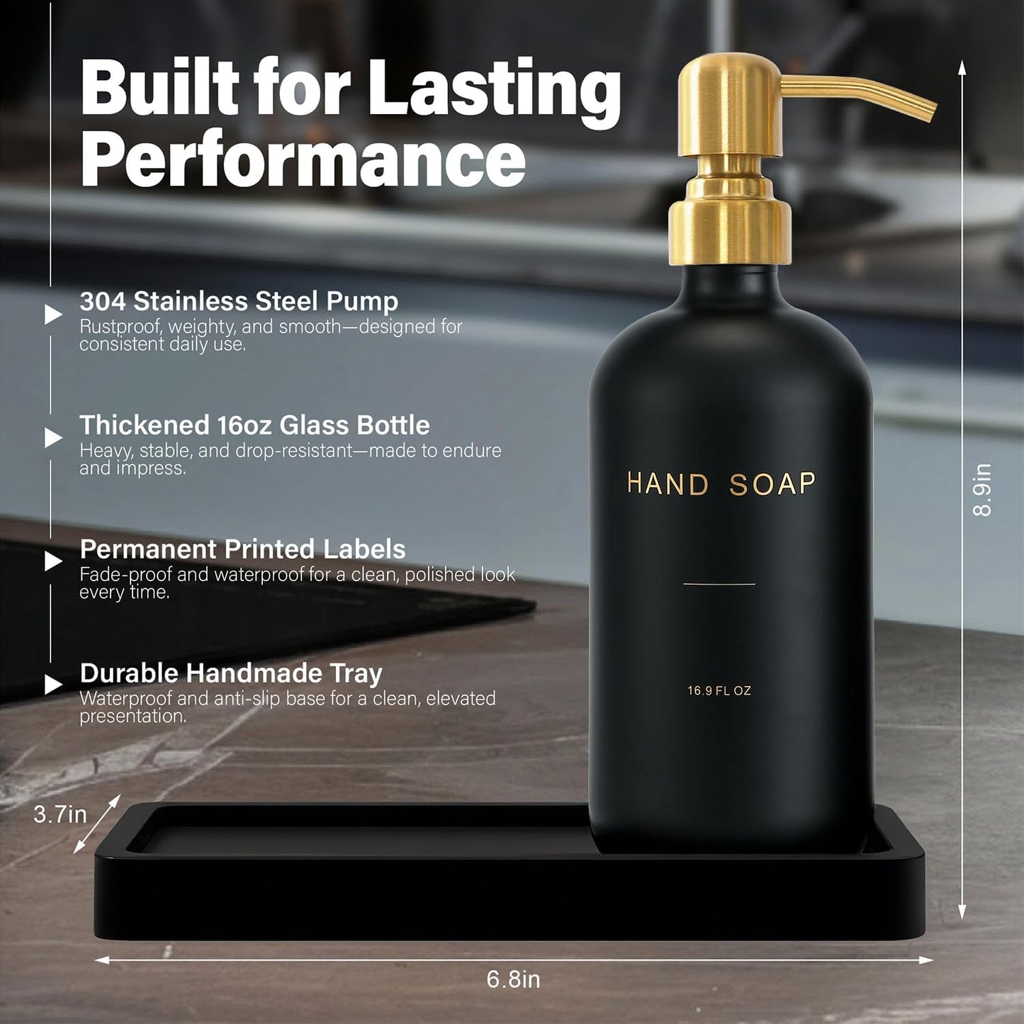 Black Soap Dispenser for Kitchen Sink, Hand and Dish Soap Dispenser with Stainless Steel Pump, Perfect for Gold Kitchen Accessories. (Gold & Black)